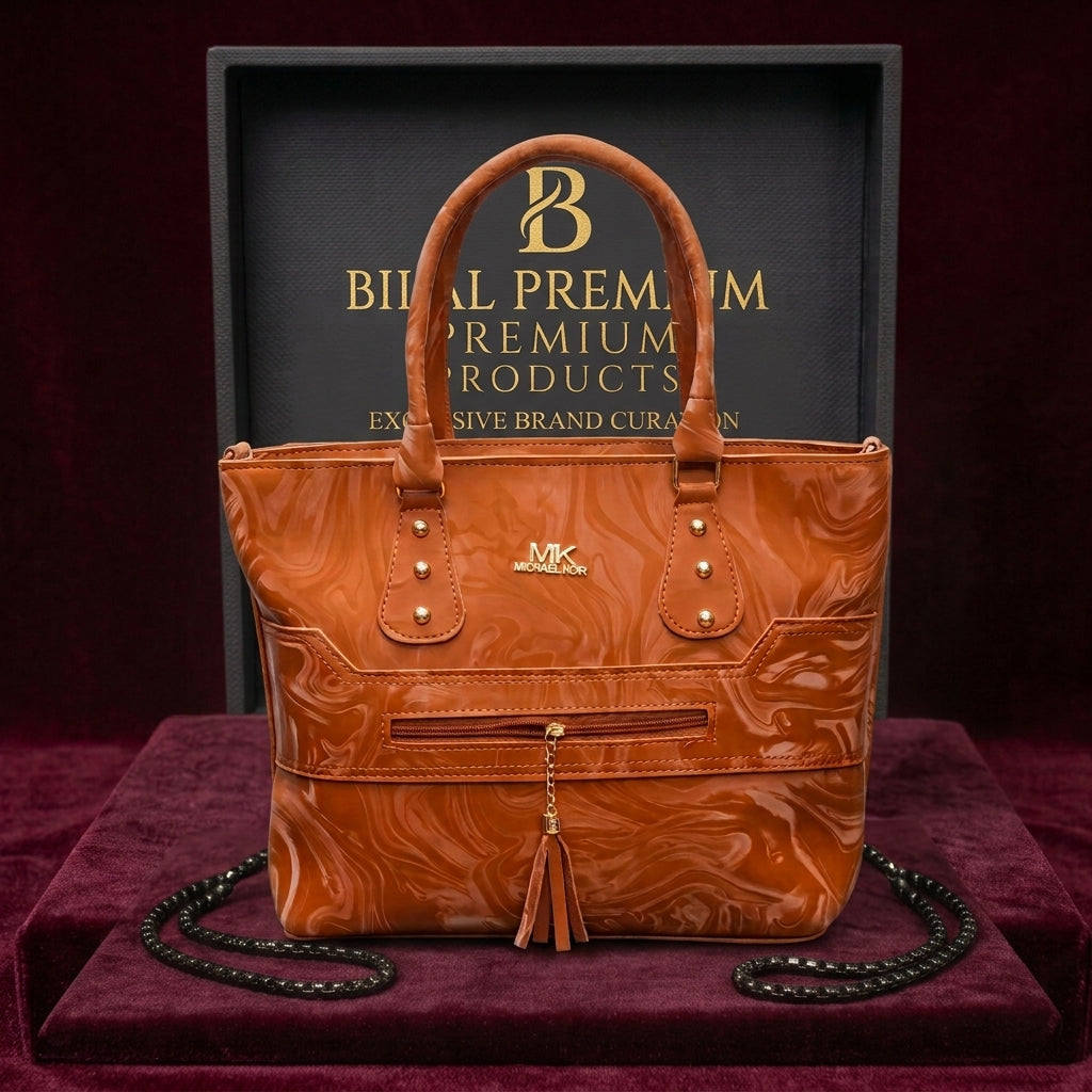 Elegant Marbled Amber Tote with Gold Hardware & Tassel